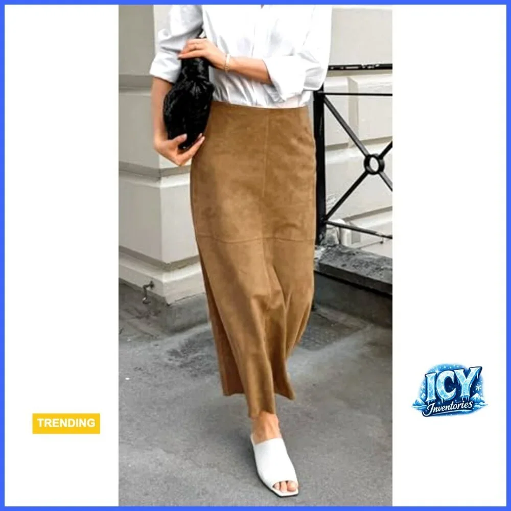 Faux Suede Leather Pencil Maxi Skirt Regular Fit Ankle Length A-Line